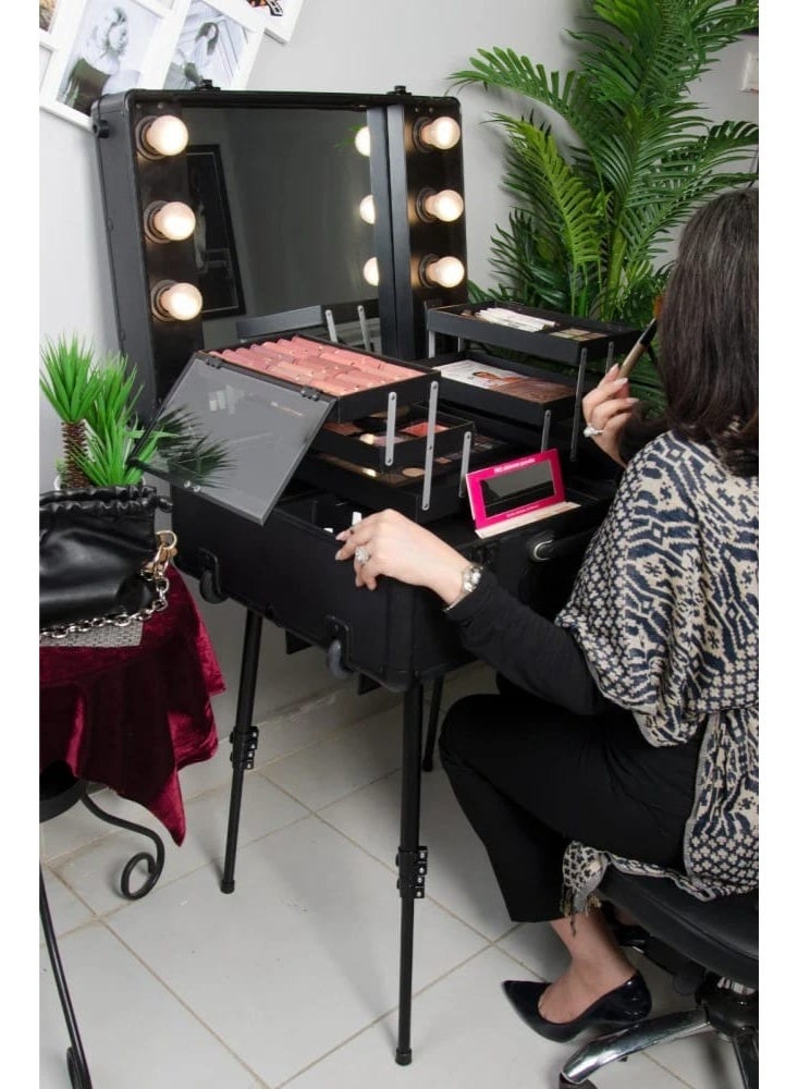 Makeup Train Case with Lighted Mirror Large Make up Cosmetic Organizer Box - Image 2